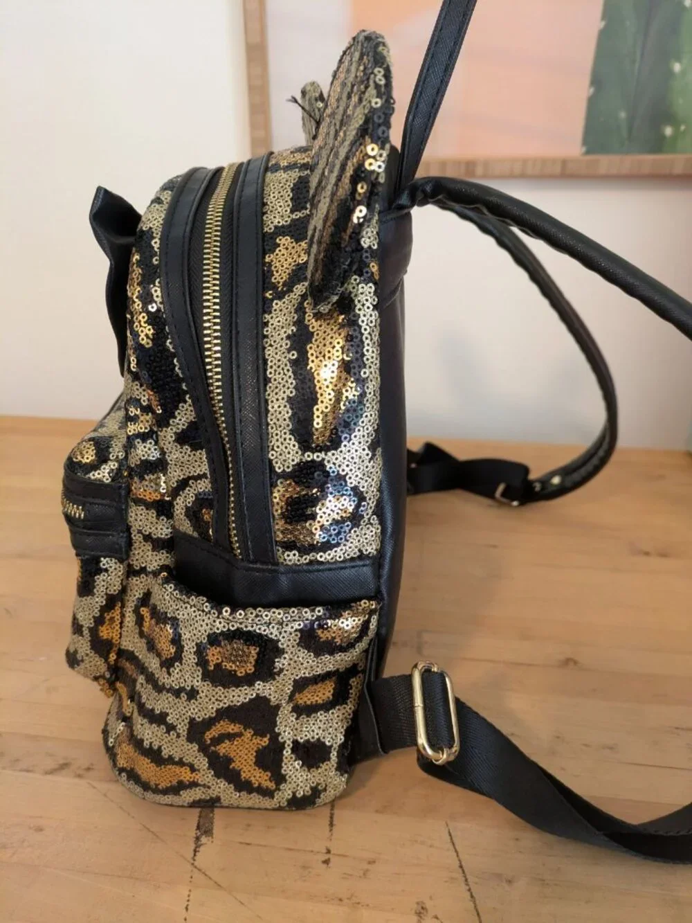 Sequined Animal Kingdom Black Gold Disney Loungefly Backpack w Bow EUC